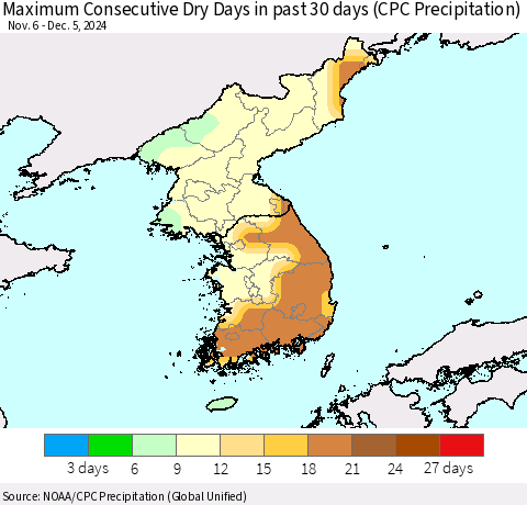 Korea Maximum Consecutive Dry Days in past 30 days (CPC Precipitation) Thematic Map For 12/1/2024 - 12/5/2024