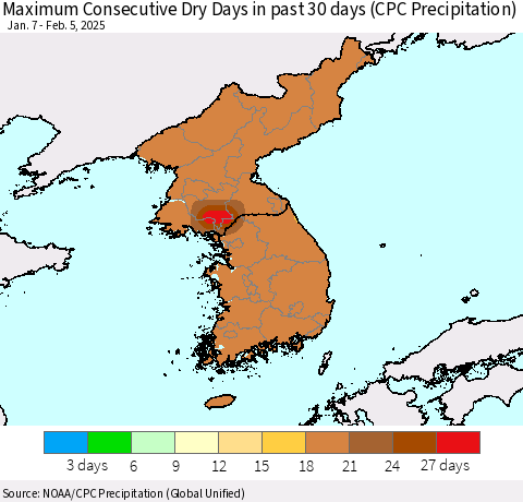 Korea Maximum Consecutive Dry Days in past 30 days (CPC Precipitation) Thematic Map For 2/1/2025 - 2/5/2025