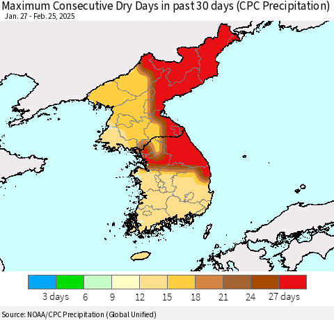 Korea Maximum Consecutive Dry Days in past 30 days (CPC Precipitation) Thematic Map For 2/21/2025 - 2/25/2025