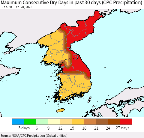 Korea Maximum Consecutive Dry Days in past 30 days (CPC Precipitation) Thematic Map For 2/26/2025 - 2/28/2025