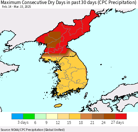 Korea Maximum Consecutive Dry Days in past 30 days (CPC Precipitation) Thematic Map For 3/11/2025 - 3/15/2025