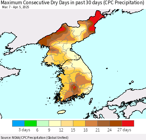 Korea Maximum Consecutive Dry Days in past 30 days (CPC Precipitation) Thematic Map For 4/1/2025 - 4/5/2025