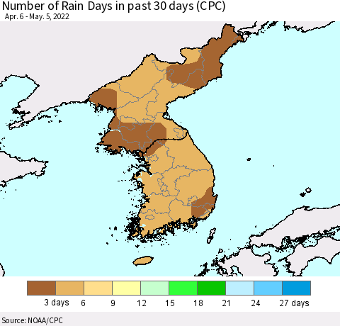 Korea Number of Rain Days in past 30 days (CPC) Thematic Map For 5/1/2022 - 5/5/2022