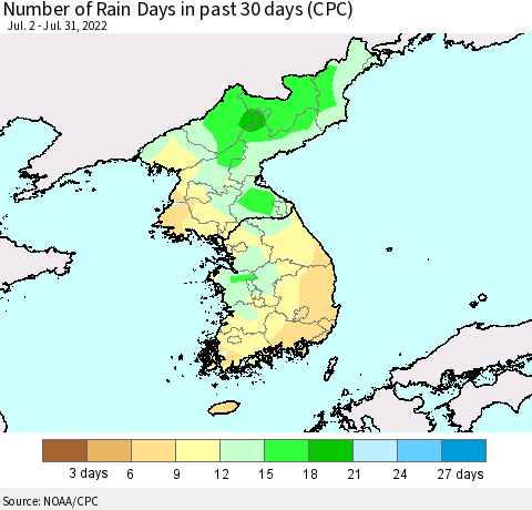 Korea Number of Rain Days in past 30 days (CPC) Thematic Map For 7/26/2022 - 7/31/2022
