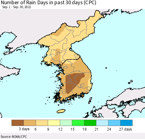 Korea Number of Rain Days in past 30 days (CPC) Thematic Map For 9/26/2022 - 9/30/2022