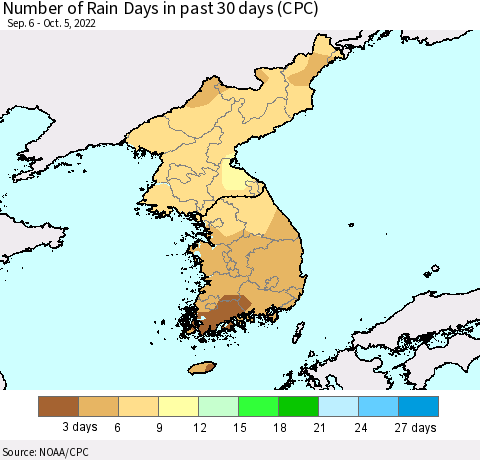 Korea Number of Rain Days in past 30 days (CPC) Thematic Map For 10/1/2022 - 10/5/2022