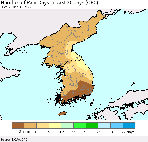 Korea Number of Rain Days in past 30 days (CPC) Thematic Map For 10/26/2022 - 10/31/2022