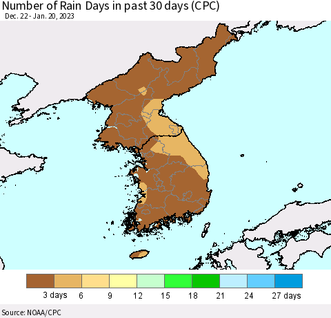 Korea Number of Rain Days in past 30 days (CPC) Thematic Map For 1/16/2023 - 1/20/2023