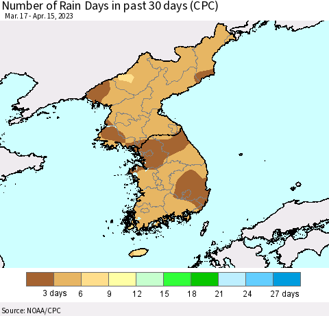 Korea Number of Rain Days in past 30 days (CPC) Thematic Map For 4/11/2023 - 4/15/2023