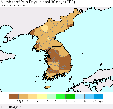 Korea Number of Rain Days in past 30 days (CPC) Thematic Map For 4/21/2023 - 4/25/2023
