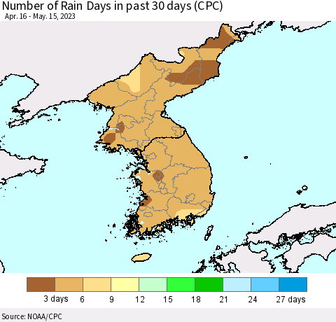 Korea Number of Rain Days in past 30 days (CPC) Thematic Map For 5/11/2023 - 5/15/2023