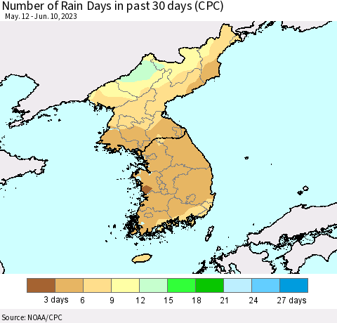 Korea Number of Rain Days in past 30 days (CPC) Thematic Map For 6/6/2023 - 6/10/2023