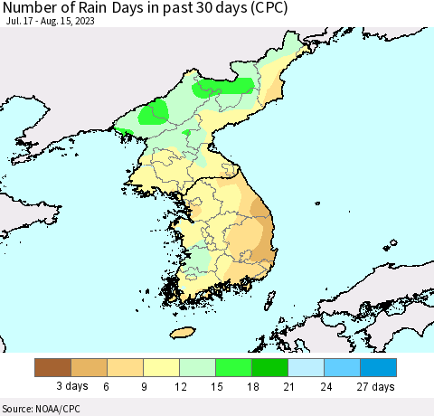 Korea Number of Rain Days in past 30 days (CPC) Thematic Map For 8/11/2023 - 8/15/2023