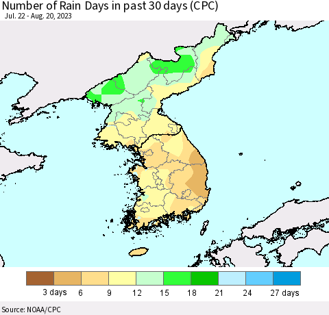 Korea Number of Rain Days in past 30 days (CPC) Thematic Map For 8/16/2023 - 8/20/2023
