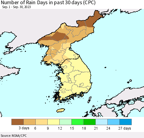 Korea Number of Rain Days in past 30 days (CPC) Thematic Map For 9/26/2023 - 9/30/2023