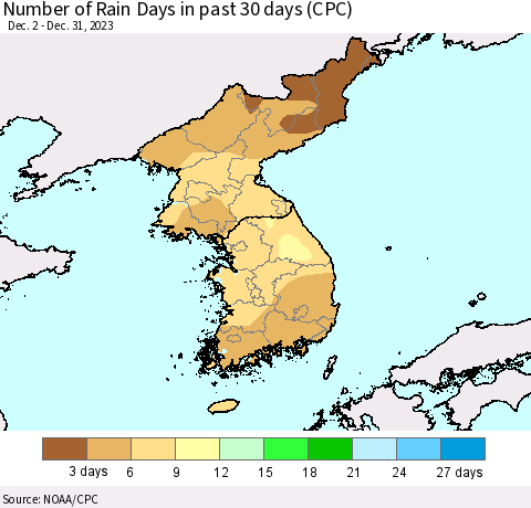 Korea Number of Rain Days in past 30 days (CPC) Thematic Map For 12/26/2023 - 12/31/2023