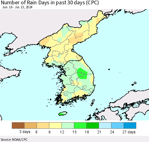 Korea Number of Rain Days in past 30 days (CPC) Thematic Map For 7/11/2024 - 7/15/2024