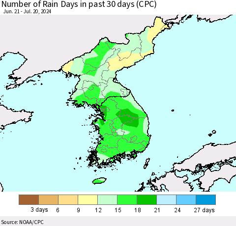 Korea Number of Rain Days in past 30 days (CPC) Thematic Map For 7/16/2024 - 7/20/2024