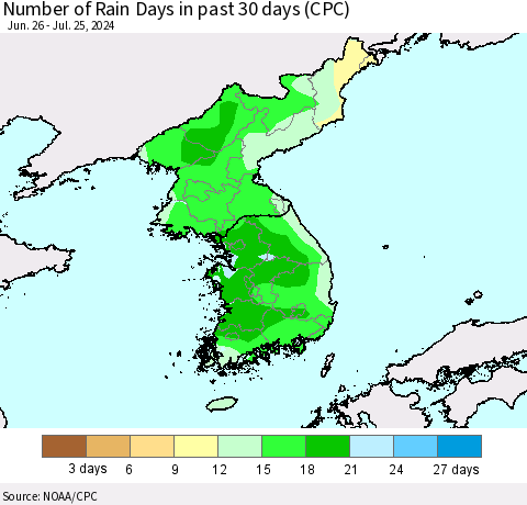 Korea Number of Rain Days in past 30 days (CPC) Thematic Map For 7/21/2024 - 7/25/2024