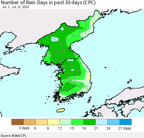 Korea Number of Rain Days in past 30 days (CPC) Thematic Map For 7/26/2024 - 7/31/2024