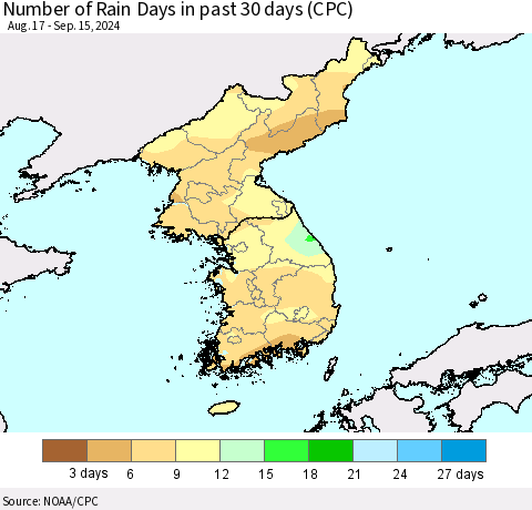 Korea Number of Rain Days in past 30 days (CPC) Thematic Map For 9/11/2024 - 9/15/2024