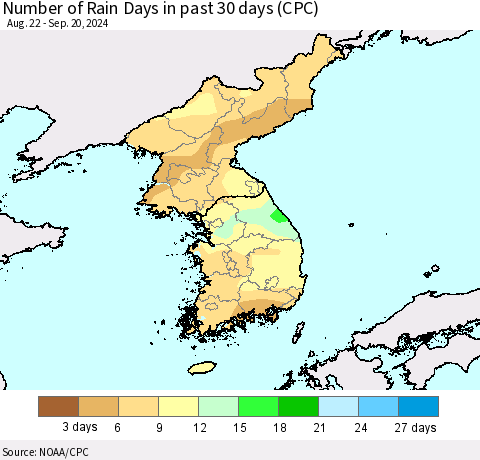 Korea Number of Rain Days in past 30 days (CPC) Thematic Map For 9/16/2024 - 9/20/2024