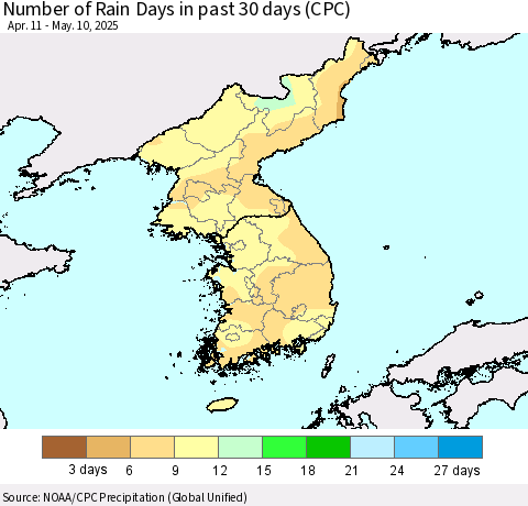 Korea Number of Rain Days in past 30 days (CPC) Thematic Map For 5/6/2025 - 5/10/2025