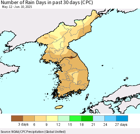 Korea Number of Rain Days in past 30 days (CPC) Thematic Map For 6/6/2025 - 6/10/2025