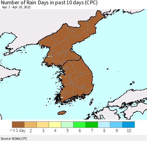 Korea Number of Rain Days in past 10 days (CPC) Thematic Map For 4/6/2022 - 4/10/2022