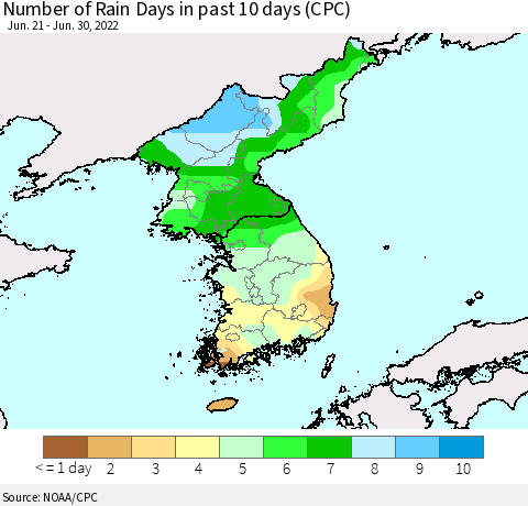 Korea Number of Rain Days in past 10 days (CPC) Thematic Map For 6/26/2022 - 6/30/2022