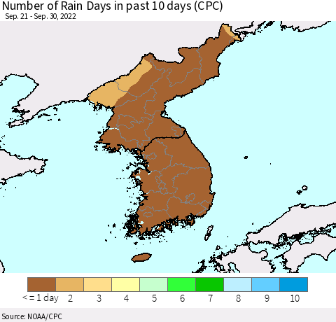 Korea Number of Rain Days in past 10 days (CPC) Thematic Map For 9/26/2022 - 9/30/2022