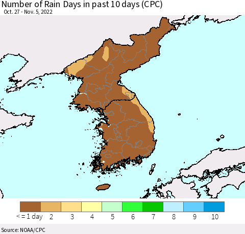 Korea Number of Rain Days in past 10 days (CPC) Thematic Map For 11/1/2022 - 11/5/2022