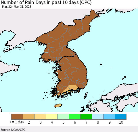 Korea Number of Rain Days in past 10 days (CPC) Thematic Map For 3/26/2023 - 3/31/2023