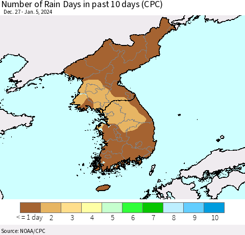 Korea Number of Rain Days in past 10 days (CPC) Thematic Map For 1/1/2024 - 1/5/2024