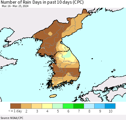Korea Number of Rain Days in past 10 days (CPC) Thematic Map For 3/21/2024 - 3/25/2024