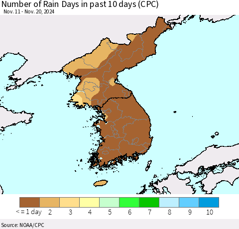Korea Number of Rain Days in past 10 days (CPC) Thematic Map For 11/16/2024 - 11/20/2024