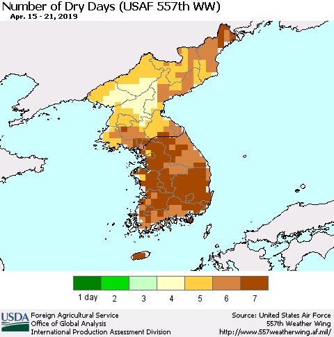 Korea Number of Dry Days (USAF 557th WW) Thematic Map For 4/15/2019 - 4/21/2019