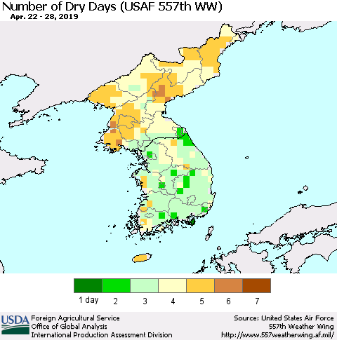 Korea Number of Dry Days (USAF 557th WW) Thematic Map For 4/22/2019 - 4/28/2019