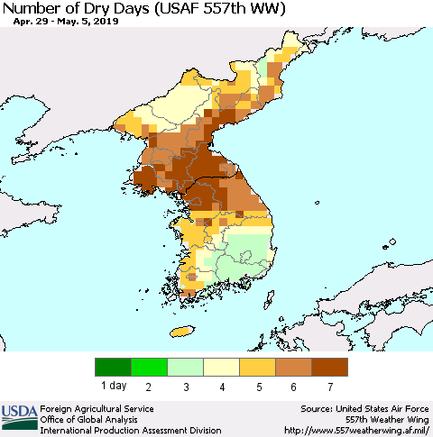 Korea Number of Dry Days (USAF 557th WW) Thematic Map For 4/29/2019 - 5/5/2019