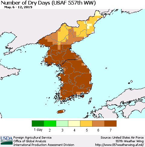 Korea Number of Dry Days (USAF 557th WW) Thematic Map For 5/6/2019 - 5/12/2019