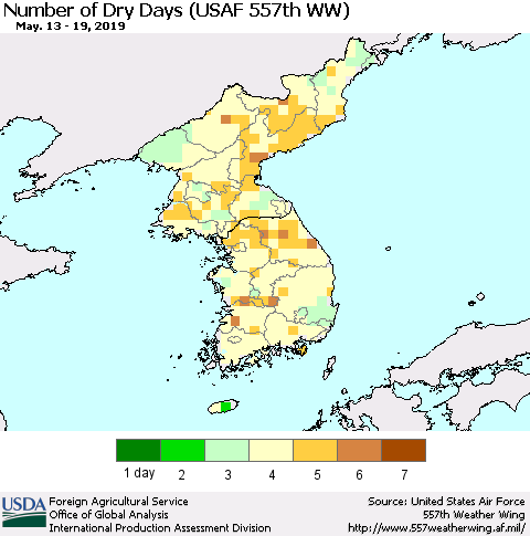Korea Number of Dry Days (USAF 557th WW) Thematic Map For 5/13/2019 - 5/19/2019