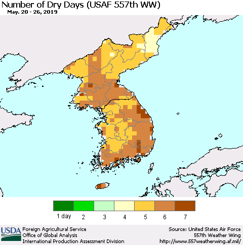 Korea Number of Dry Days (USAF 557th WW) Thematic Map For 5/20/2019 - 5/26/2019