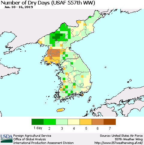 Korea Number of Dry Days (USAF 557th WW) Thematic Map For 6/10/2019 - 6/16/2019