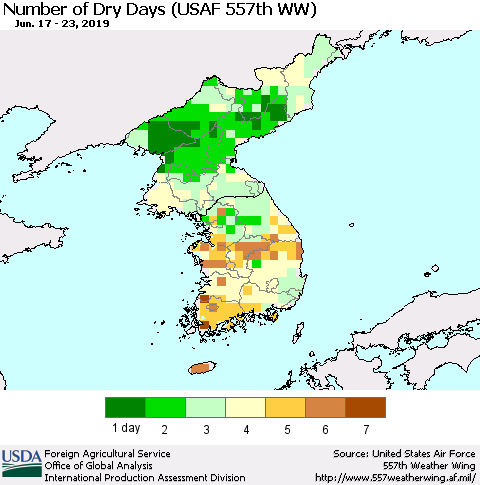 Korea Number of Dry Days (USAF 557th WW) Thematic Map For 6/17/2019 - 6/23/2019