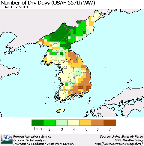 Korea Number of Dry Days (USAF 557th WW) Thematic Map For 7/1/2019 - 7/7/2019
