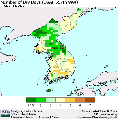 Korea Number of Dry Days (USAF 557th WW) Thematic Map For 7/8/2019 - 7/14/2019