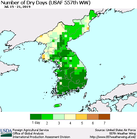 Korea Number of Dry Days (USAF 557th WW) Thematic Map For 7/15/2019 - 7/21/2019