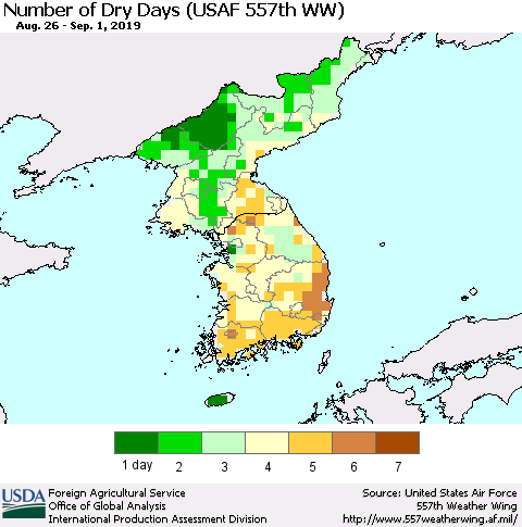 Korea Number of Dry Days (USAF 557th WW) Thematic Map For 8/26/2019 - 9/1/2019