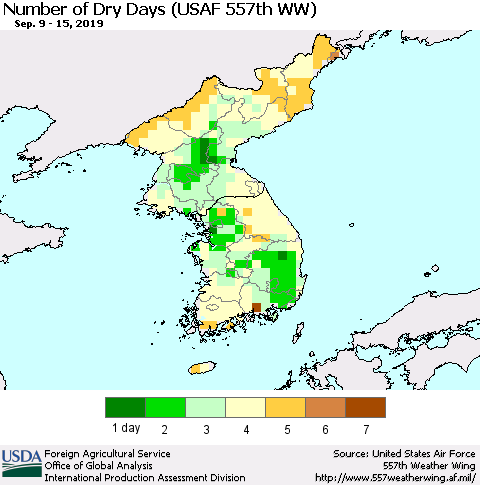 Korea Number of Dry Days (USAF 557th WW) Thematic Map For 9/9/2019 - 9/15/2019