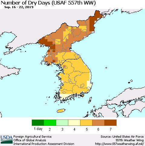 Korea Number of Dry Days (USAF 557th WW) Thematic Map For 9/16/2019 - 9/22/2019